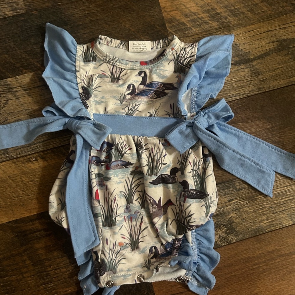 Blue and Cream Baby Romper with Duck Print